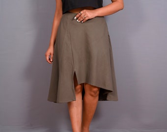 Ash Grey 100% Cotton Flannel High-Low Skirt, Asymmetrical Skirt, Customizable Knee Length Skirt with Pockets, Plus Size, Petite, Tall etsw
