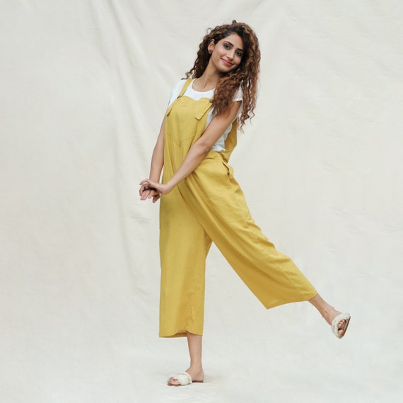 Mustard 100 Cotton Midi Dungaree Handspun V neck Relaxed Fit Jumpsuit Customizable Jumpsuit With Pockets Plus Size Petite Tall Etsw Etsy