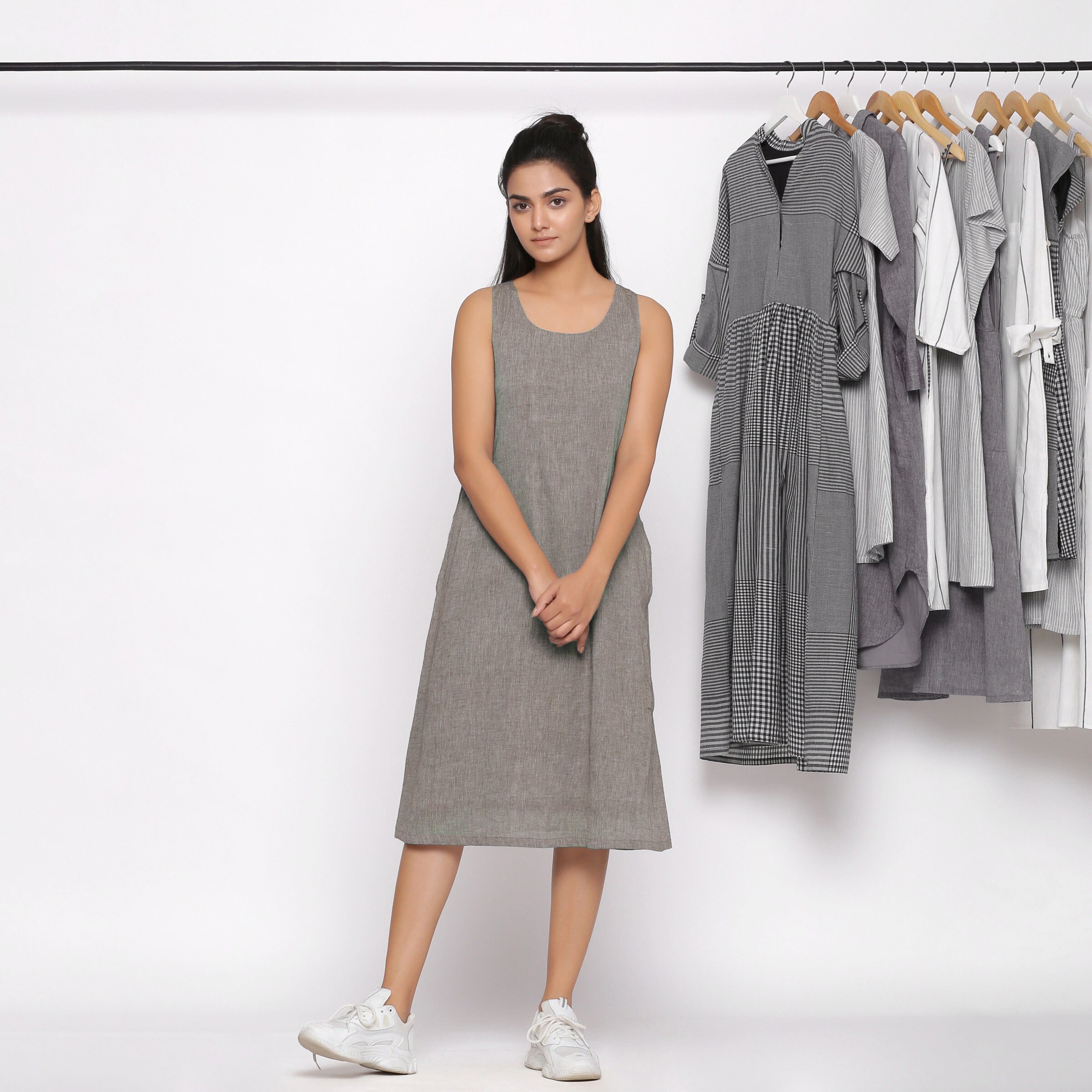 Grey Handspun Cotton Midi Dress Customizable Dress for Women Etsy