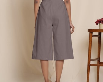 100% Cotton Flannel Grey Culottes, Capri Pants, Mid-rise Culottes