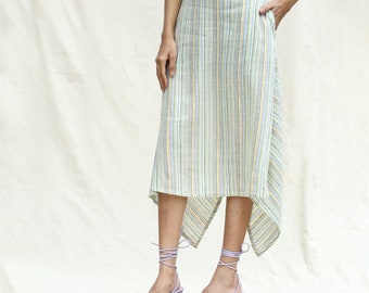 Multicolor Stripes 100% Cotton Asymmetrical Skirt, High-Low Midi Slit Skirt, Customizable Skirt with Pockets, Plus Size, Petite, Tall etsw