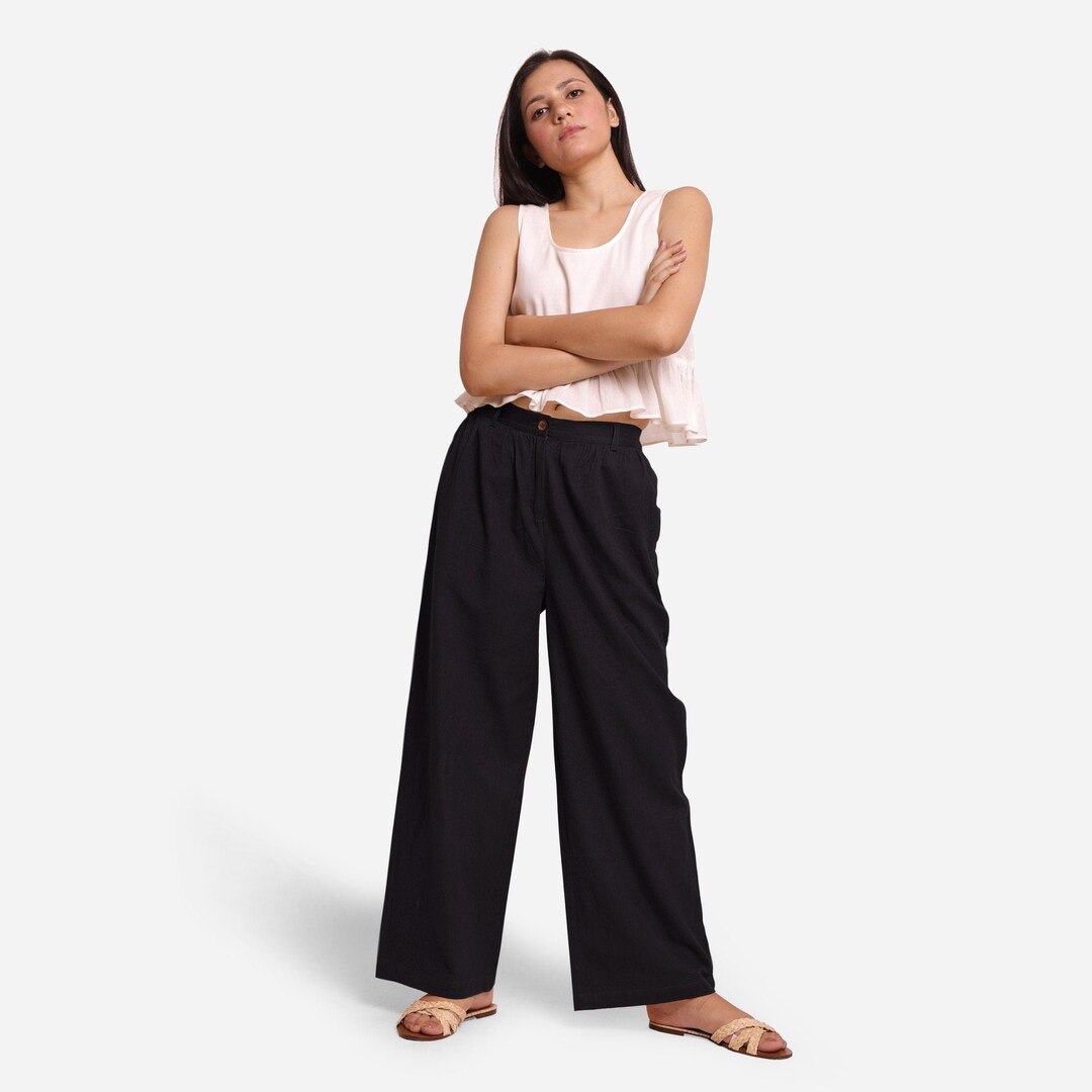 Yellow Cotton Flax Mid-Rise Elasticated Wide Legged Pant main image 0