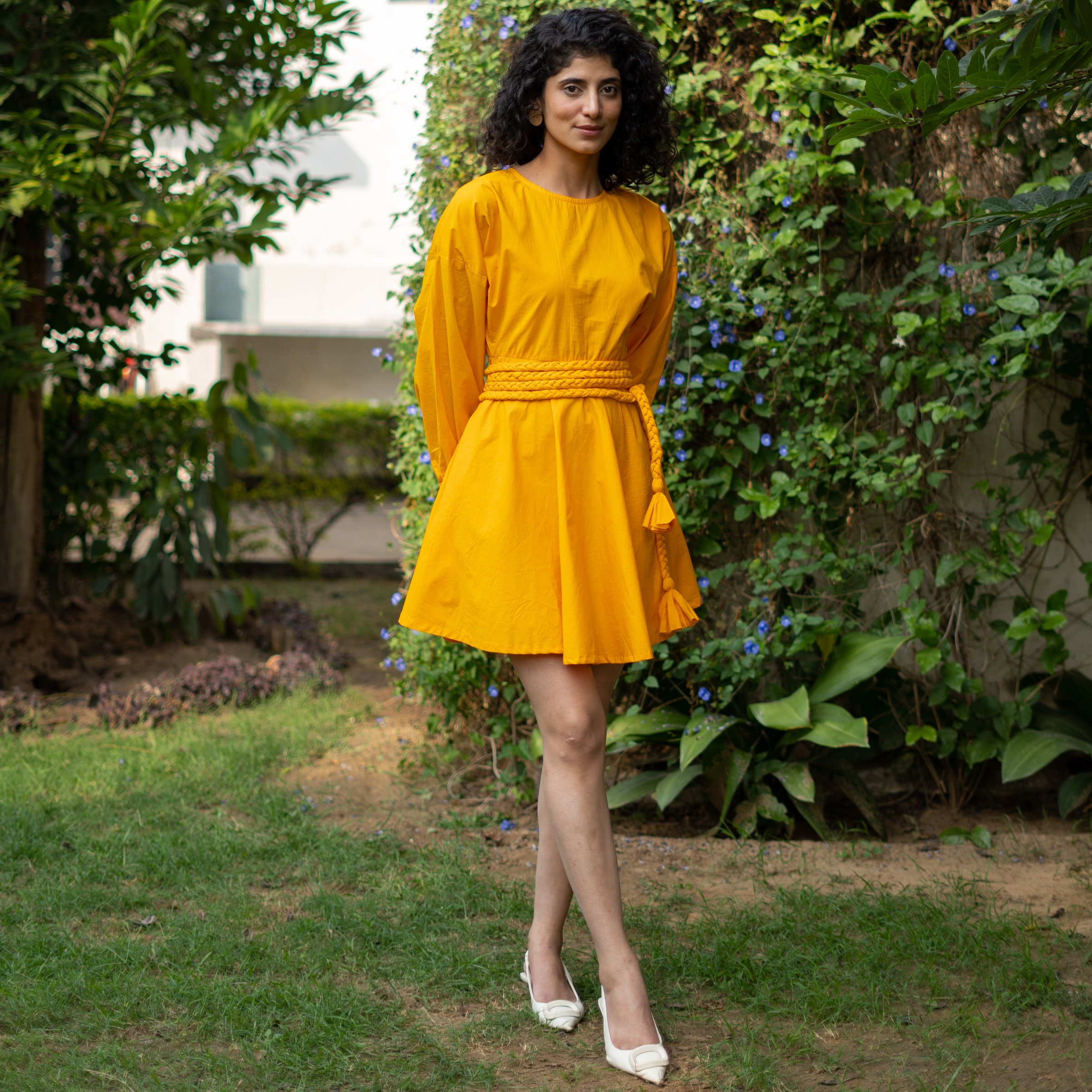 Yellow Short Dress with Belt, Fit & Flare Dress with Pockets, Balloon Sleeves, Cotton, Customizable, Plus Size Dress, Petite, Tall etsw