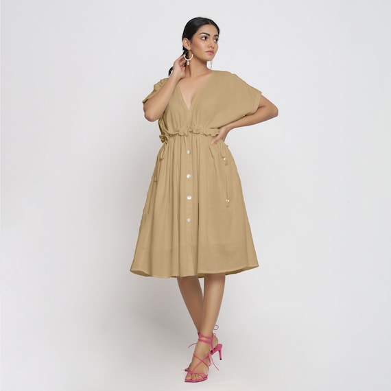 beige cotton dress women Organic Wrap Dress / Beige