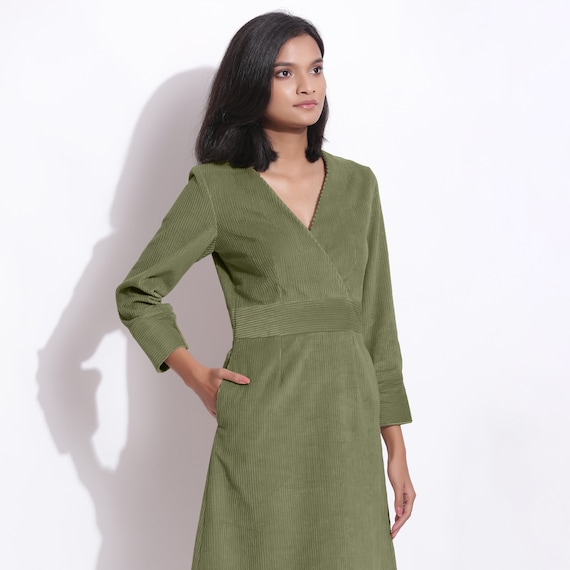 Cotton Corduroy Dress, Sage Green Yoked Dress, Surplice Neck Shift Dress, Customizable Dress with Pockets, Plus Size, Petite, Tall etsw cw