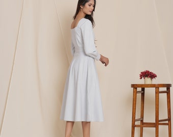 Warm 100% Cotton Flannel Midi Dress, Square Neck Customizable Dress, Fit and Flare Dress with Pockets, Plus Size, Petite, Tall cw etsw