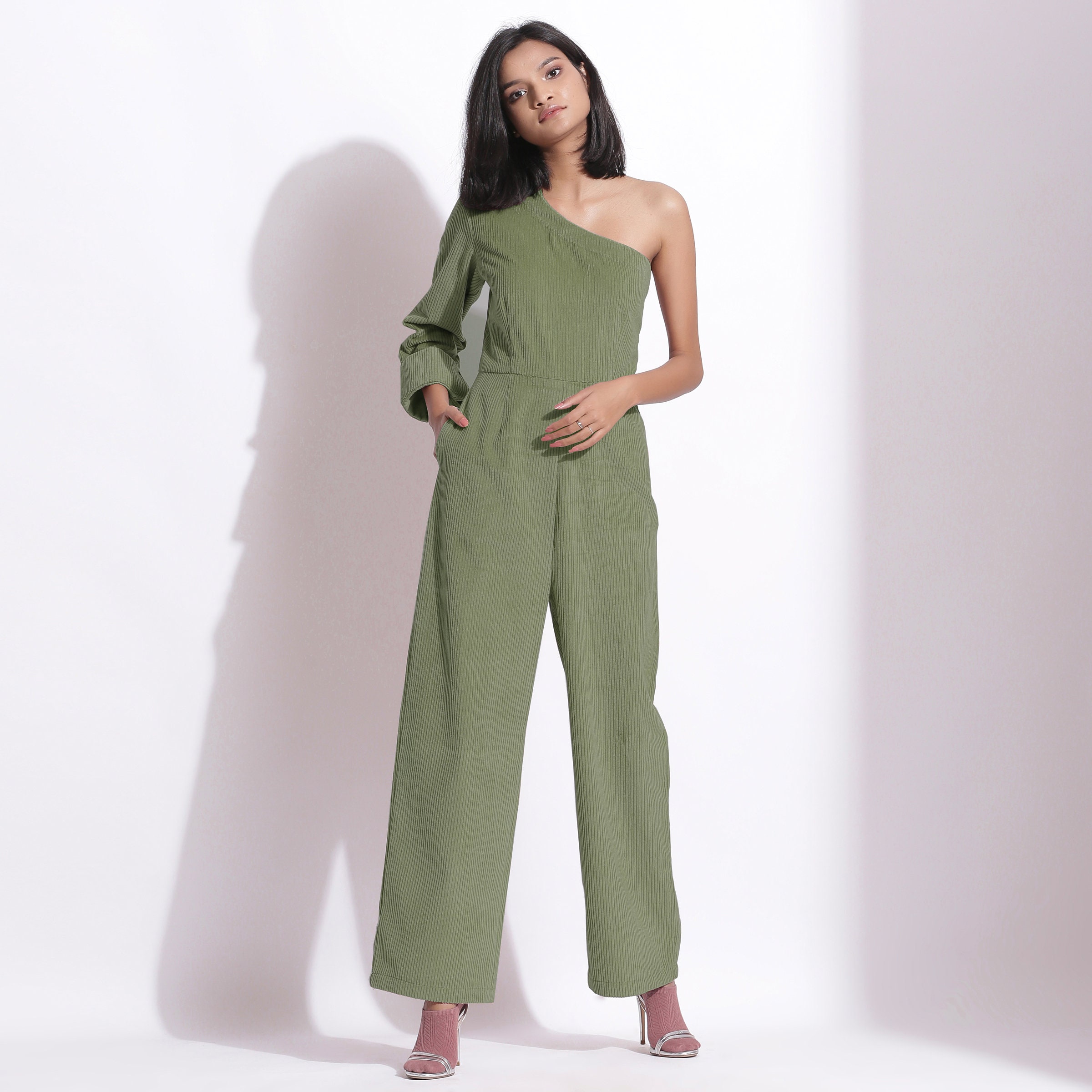 Sage Green One-shoulder Jumpsuit 100% Cotton Corduroy Yoke - Etsy