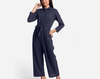 Cotton Flax Jumpsuit, Button-Down Flat Collar Jumpsuit, Wide Legged Customizable Jumpsuit with Pockets, Plus Size, Petite, Tall etsw