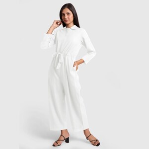 White Cotton Flax Button-Down Jumpsuit, Flat Collar Customizable Jumpsuit, Jumpsuit with Pockets, Plus Size, Petite, Tall etsw