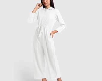 White Cotton Flax Button-Down Jumpsuit, Flat Collar Customizable Jumpsuit, Jumpsuit with Pockets, Plus Size, Petite, Tall etsw