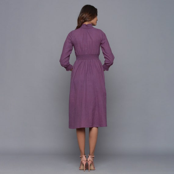 Grape Wine Warm Cotton Flannel High Neck Midi Dress Custom Size (Free) / Tall (5'7" and above)