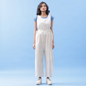 Off-White and Blue Striped 100% Cotton Pinafore Round Neck Jumpsuit, Customizable Jumpsuit with Pockets, Plus Size, Petite, Tall etsw