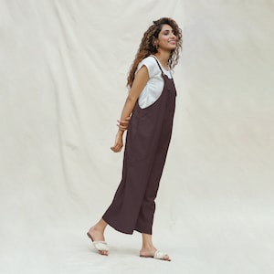 Brown Cotton Flax Midi Dungaree Jumpsuit, V-Neck Jumpsuit, Strap Sleeve Jumpsuit, Pockets Jumpsuit, Customizable Jumpsuit  etsw