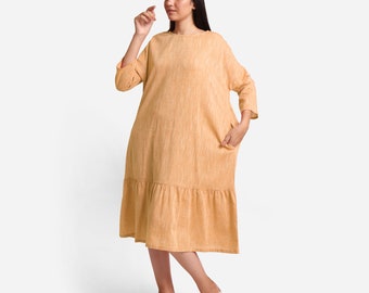100% Cotton Yellow Midi Dress, Boat Neck Tier Dress, Gathered Dress, Dress with Pockets, Customizable Dress, Plus Size, Petite, Tall etsw