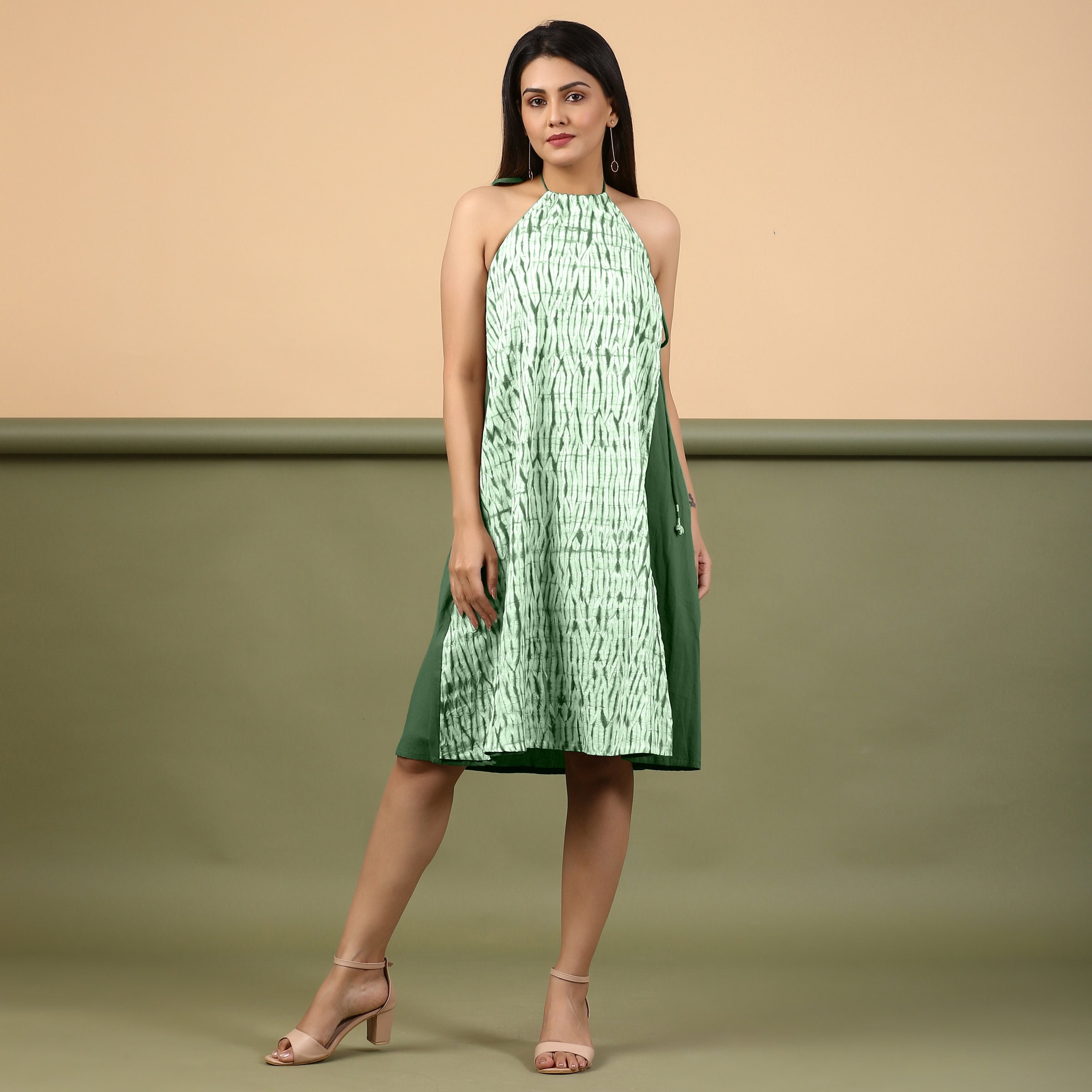 Shibori 100% Cotton Halter Neck A-Line Dress, Knee Length Sleeveless Dress with Pockets, Customizable Dress, Plus Size, Petite, Tall cw etsw