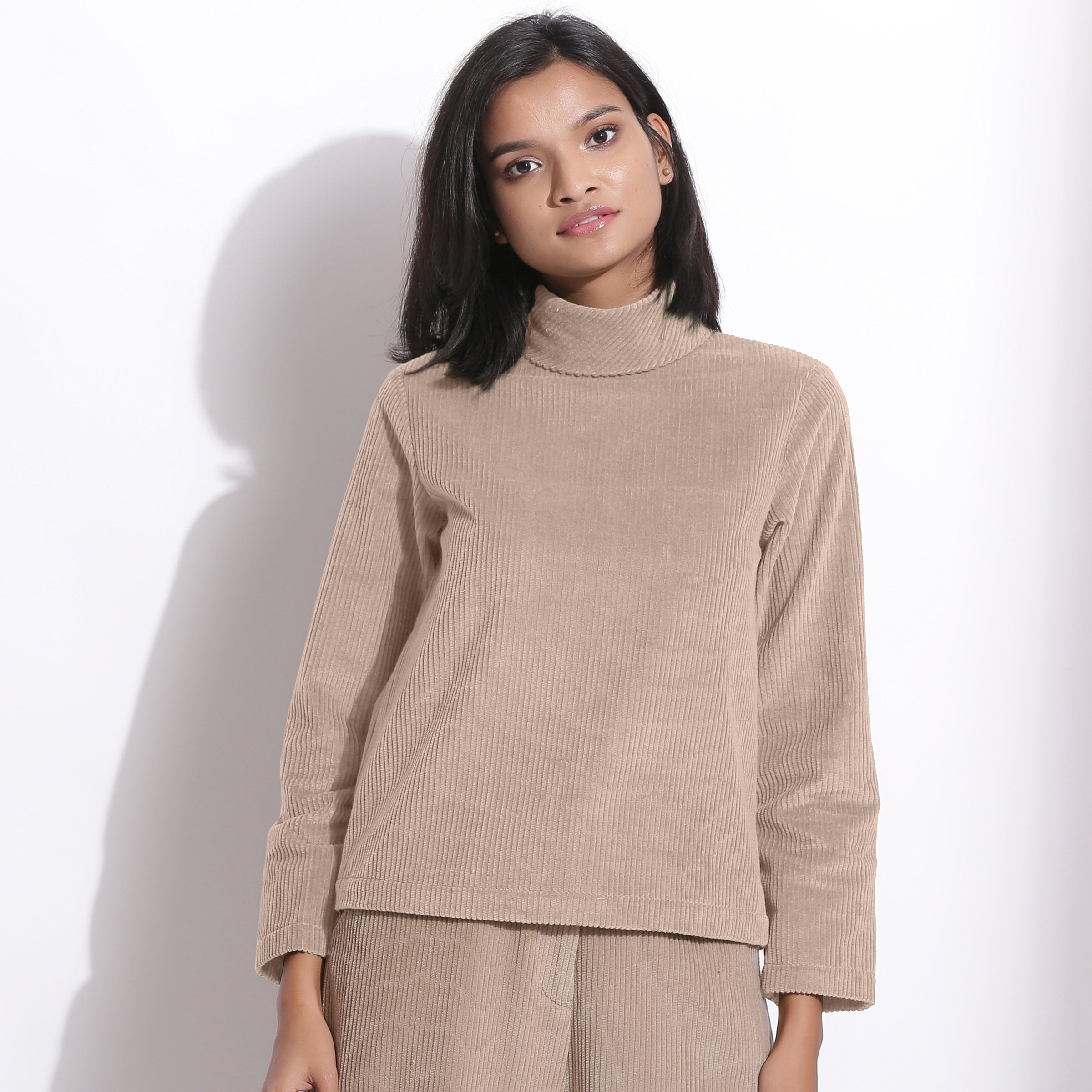 Taupe Beige High Neck Top Corduroy 