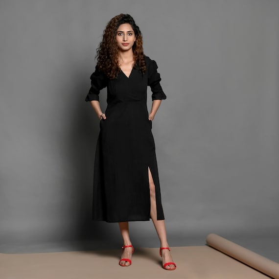 Black 100% Cotton Wrap Dress, Customizable Dress, Midi Dress, Pleated Dress with Pockets, Round Neck Dress, Plus Size, Petite, Tall etsw Black 100% Cotton Wrap Dress, Customizable Dress, Midi Dress, Pleated Dress with Pockets, Round Neck Dress, Plus Size, Petite, Tall etsw