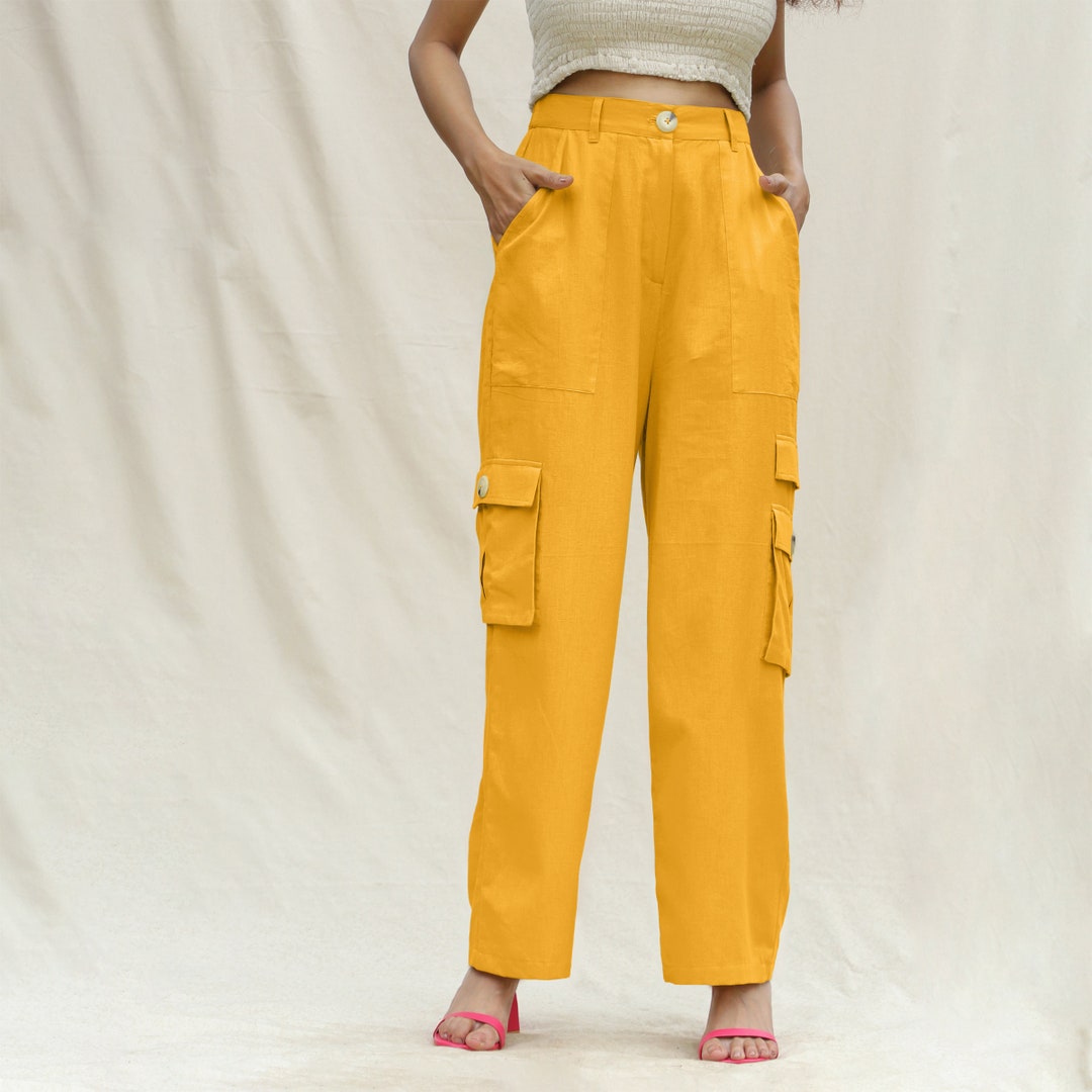 Yellow Cotton Flax Elasticated High-rise Cargo Pant, Full