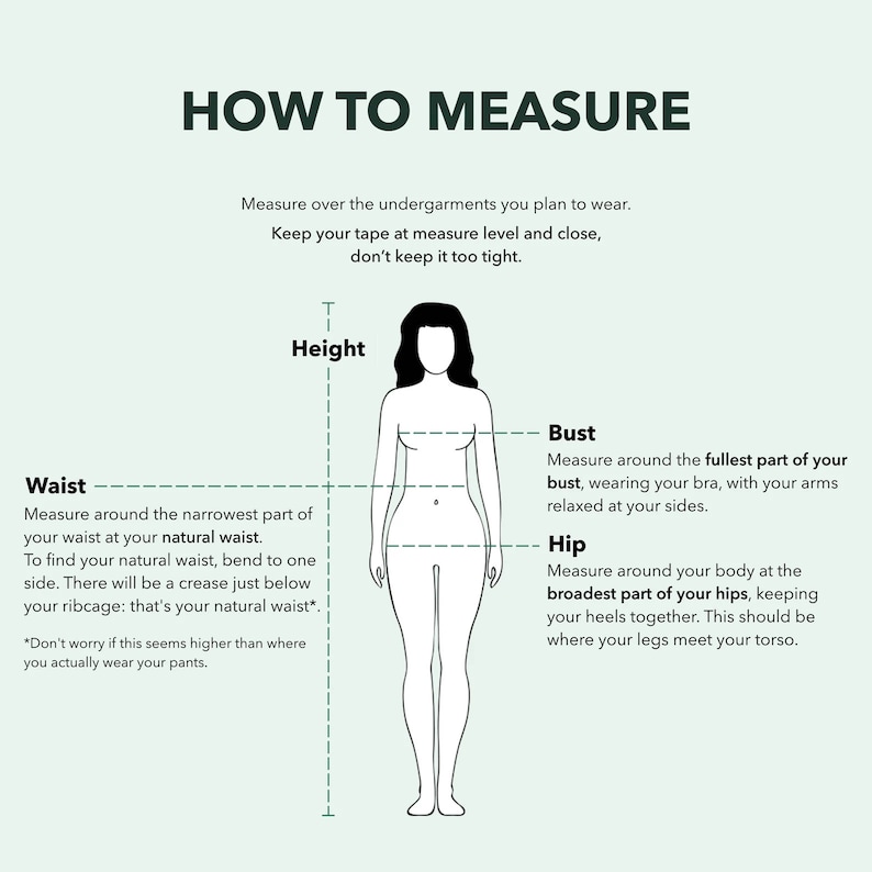 Puede incluir: Un diagrama que muestra c&oacute;mo medir la altura, el busto, la cintura y la cadera. El diagrama muestra una figura de palo de una persona con l&iacute;neas que indican d&oacute;nde medir.
