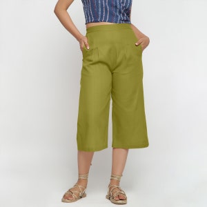 Green High-Rise 100% Cotton Culottes, Relaxed Fit Pant, Customizable Pant with Pockets, Plus Size, Petite, Tall etsw