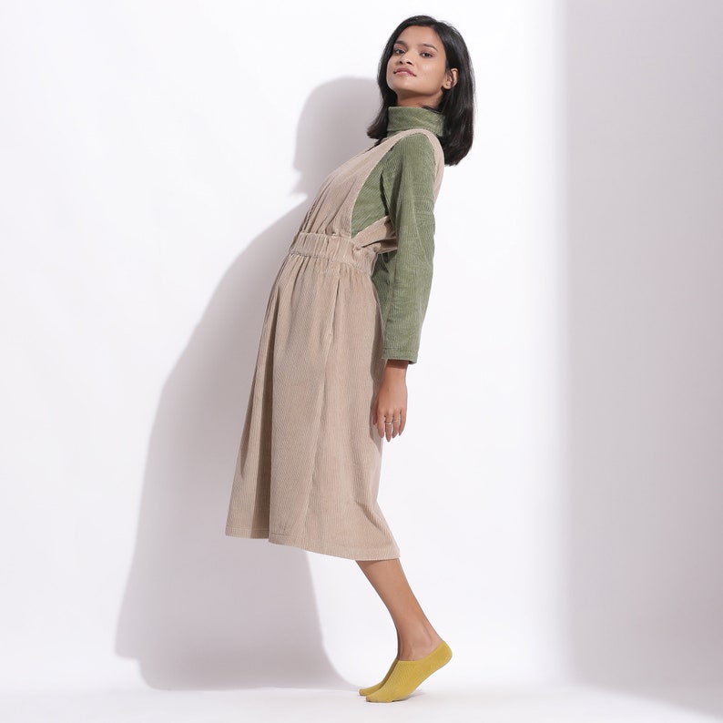 Taupe 100% Cotton Corduroy Midi Dress, Customizable Dress, Pinafore Dress with Pockets, V-Neck Dress,, Plus Size, Petite, Tall etsw image 4