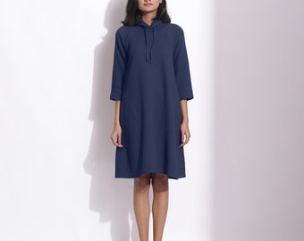 Cotton Waffle Hoodie Dress, Navy Blue A-Line Dress , Knee Length Hoodie Dress, Dress With Pockets etsw