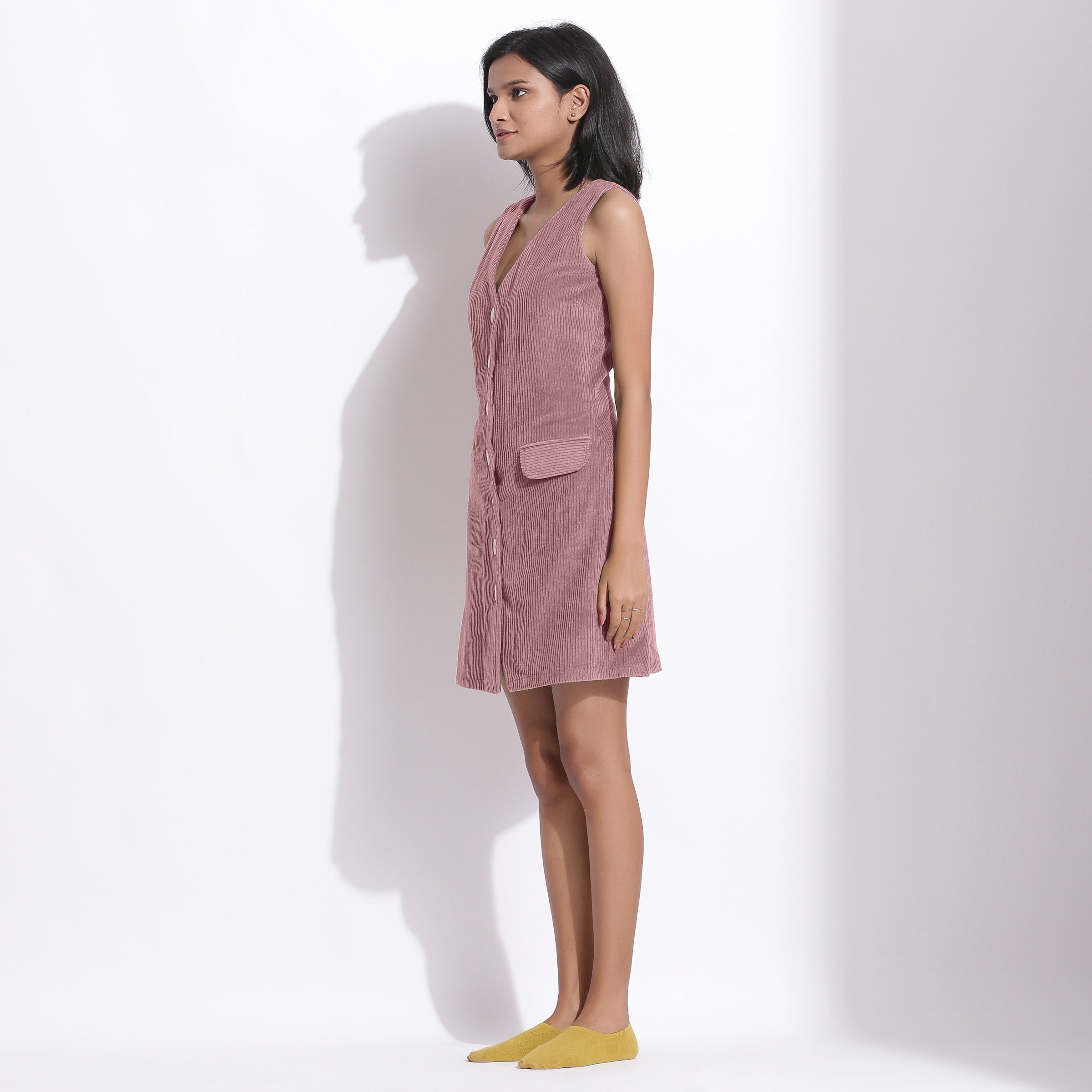 Mauve 100% Cotton Corduroy Short Dress, Customizable Dress, Button-Down Shift V-Neck Dress with Pockets, Plus size, Petite, Tall Etsw