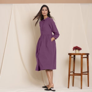 Grape Wine Flannel Peter Pan Gathered Dress, Button Down Midi Dress, Cotton Flannel Dress With Pockets etsw