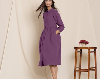 Grape Wine Flannel Peter Pan Gathered Dress, Button Down Midi Dress, Cotton Flannel Dress With Pockets etsw