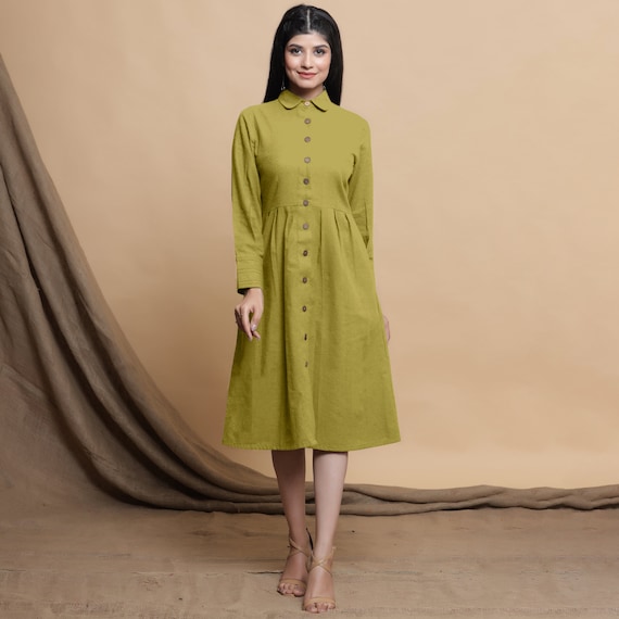 Green Button-Down Cotton Flax Knee Length Formal Dress, Yoked Dress with Pockets, Customizable Dress, Plus size, Petite, Tall etsw