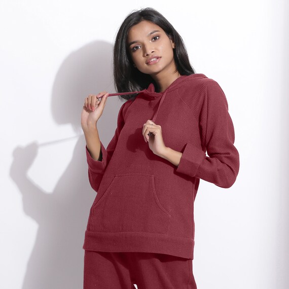 Barn Red Hoodie Sweatshirt Cotton Waffle Top Full Sleeve
