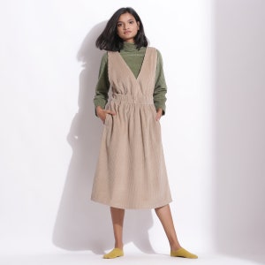 Taupe 100% Cotton Corduroy Midi Dress, Customizable Dress, Pinafore Dress with Pockets, V-Neck Dress,, Plus Size, Petite, Tall etsw image 3