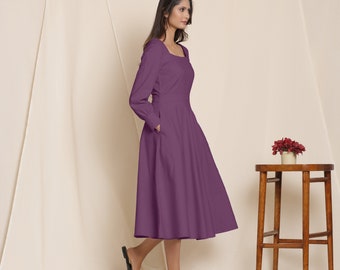 Warm 100% Cotton Flannel Fit and Flare Dress, Square Neck Midi Dress, Customizable Dress, Dress with Pockets, Plus Size, Petite, Tall etsw Warm 100% Cotton Flannel Fit and Flare Dress, Square Neck Midi Dress, Customizable Dress, Dress with Pockets, Plus Size, Petite, Tall etsw