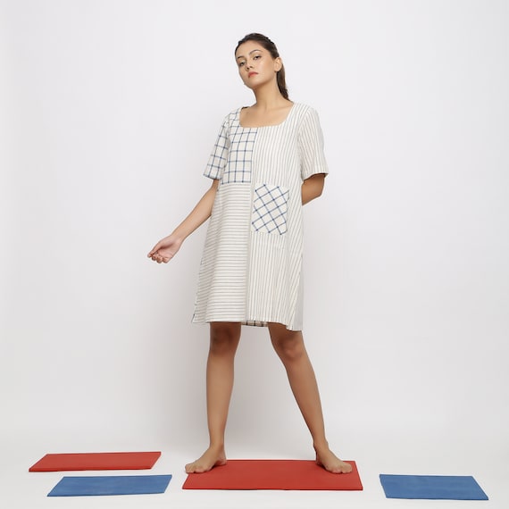 Ecru and Blue 100% Cotton Paneled Short Dress, Scoop Neck Shift Dress, Dress  With Pockets, Customizable Dress, Plus Size, Petite, Tall Etsw 