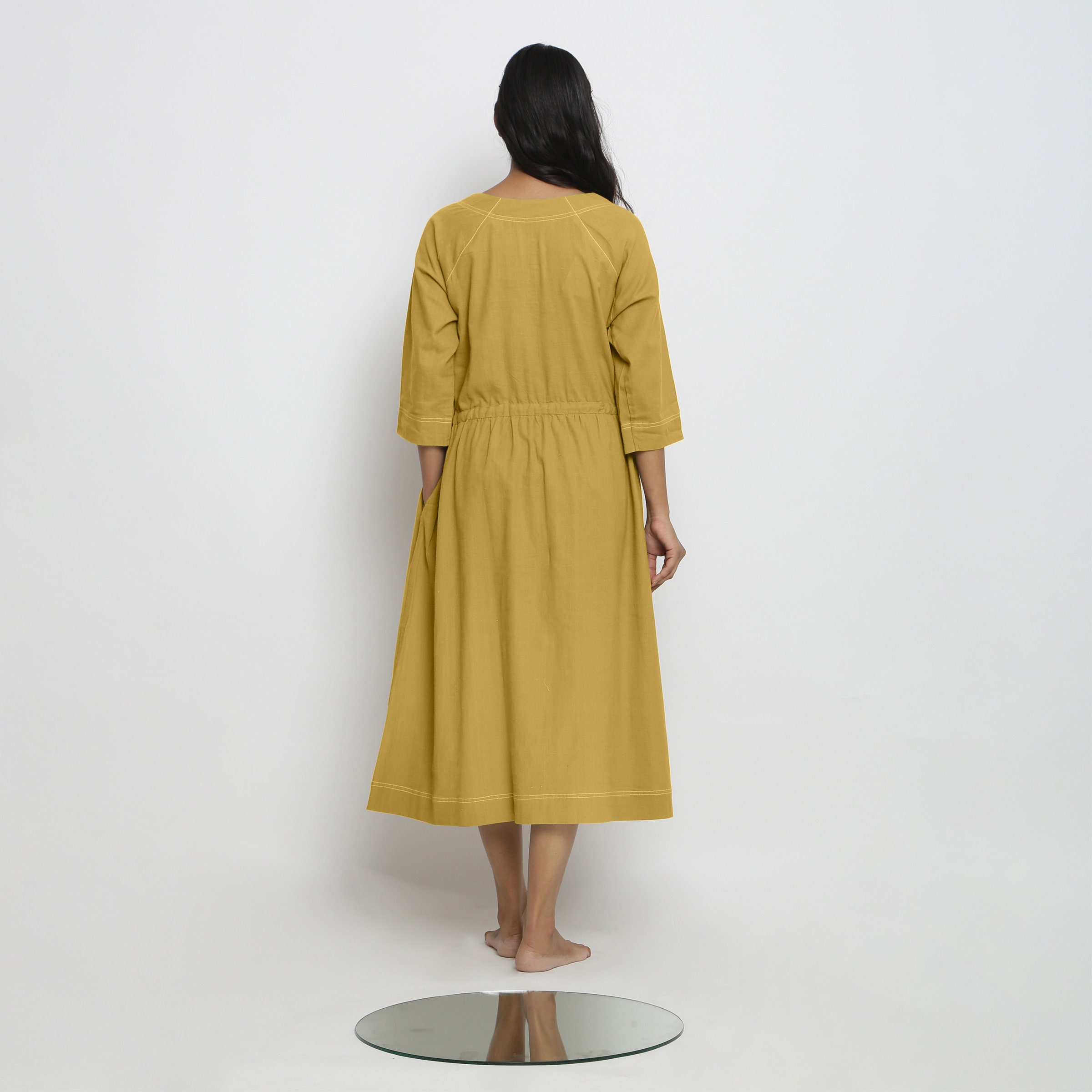 Vegetable-Dyed Yellow Cotton Dress, Solid Fit and Flare Dress, Comfort Fit Midi Dress, Dress with Pockets Etsw