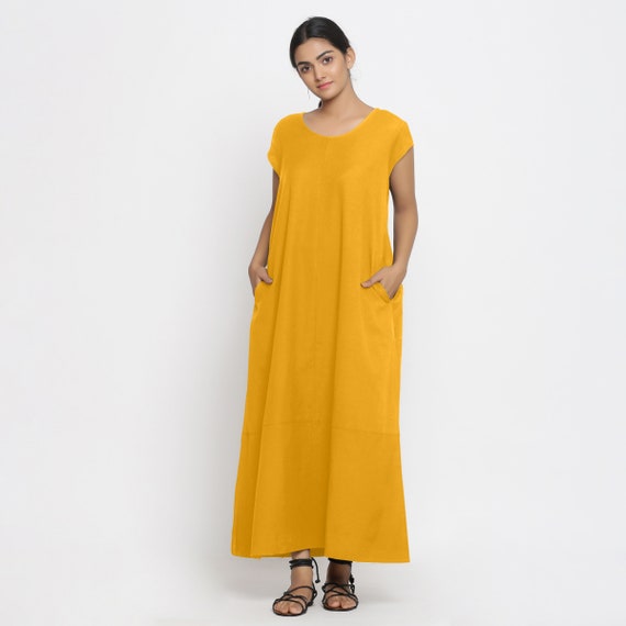 Solid Cotton Flax Maxi Dress, Customizable Dress for Women, Scoop Neck Paneled Dress, Dress with Pockets, Plus size, Petite, Tall Etsw