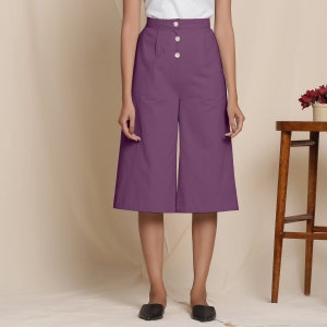 Warm Cotton Flannel Wine Culottes, Mid Rise Capri Pant, Solid Comfort Fit Culottes, Pant With Pockets etsw