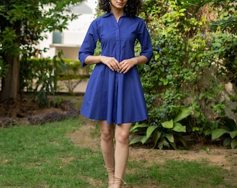 Royal Blue Cotton Poplin Fit and Flare Button-Down Dress, Shirt Dress with Pockets, Plus Size, Petite, Tall ETSW