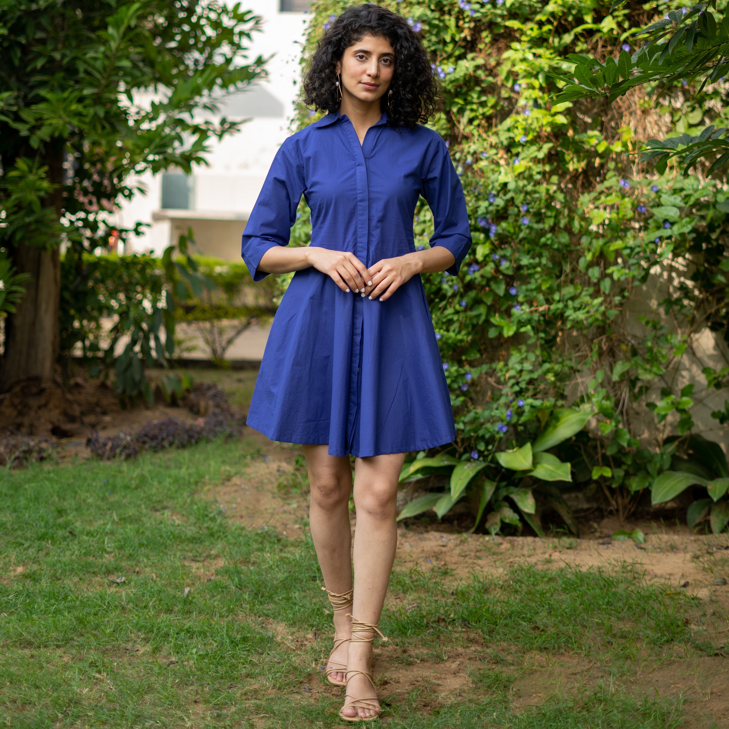 Royal Blue Cotton Poplin Fit and Flare Button-down Dress