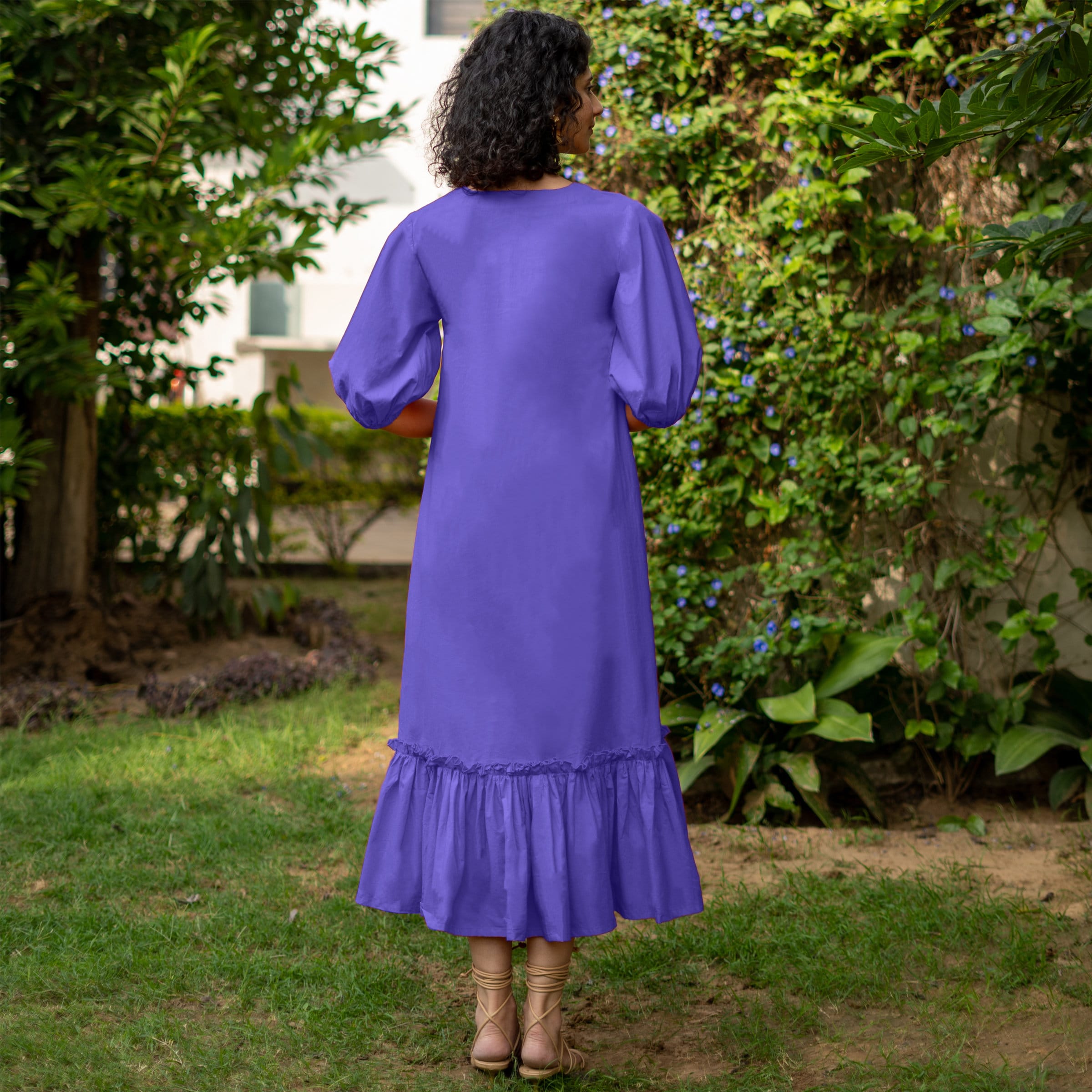 purple poplin dress Royal Purple Cotton Poplin A-Line Deep Neck Maxi Tier Dress 50" / Petite (5'1" and below)