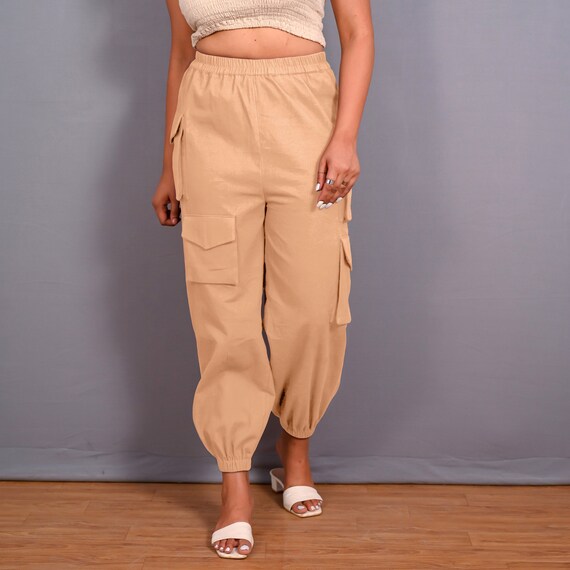 Jogger cargo de franela de algodon calido beige de gran altura jogger elastico completo pantalon con bolsillos pantalon personalizable etsw Etsy Mexico