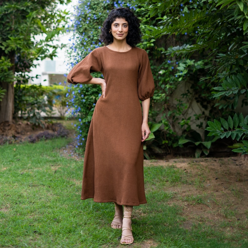 Brown Waffle Maxi Dress, Fit & Flare Cotton Dress with Pockets, Balloon Sleeves, Customizable, Plus Size Dress, Petite, Tall etsw image 1