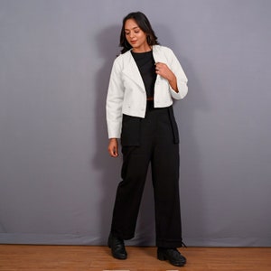 White Warm Cotton Flannel Double-Breasted Button-Down Shacket, Full Sleeve Shaket, Pockets Outerwear, Customizable Jacket  etsw