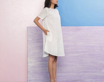 white cotton knee length dress women Anecdote U-Neckline Knee Length Dress White