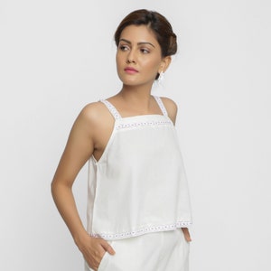 Top camisola blanco 100% algodón orgánico, top personalizable, top de ajuste relajado con manga de correa, top de encaje de algodón, talla plus, petite, etsw alto