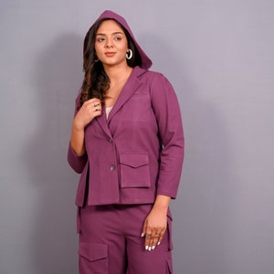 Grape Wine Warm Cotton Flannel Hoodie Blazer, Single-Breasted Blazer, Blazer With Pockets, Customizable Blazer etsw