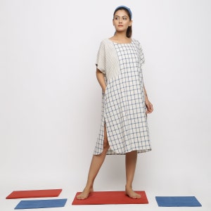 Vestido Boho Midi tingido de vegetais de algodão azul, vestido xadrez com gola redonda e bolsos, vestido personalizável, plus size, pequeno, alto etsw