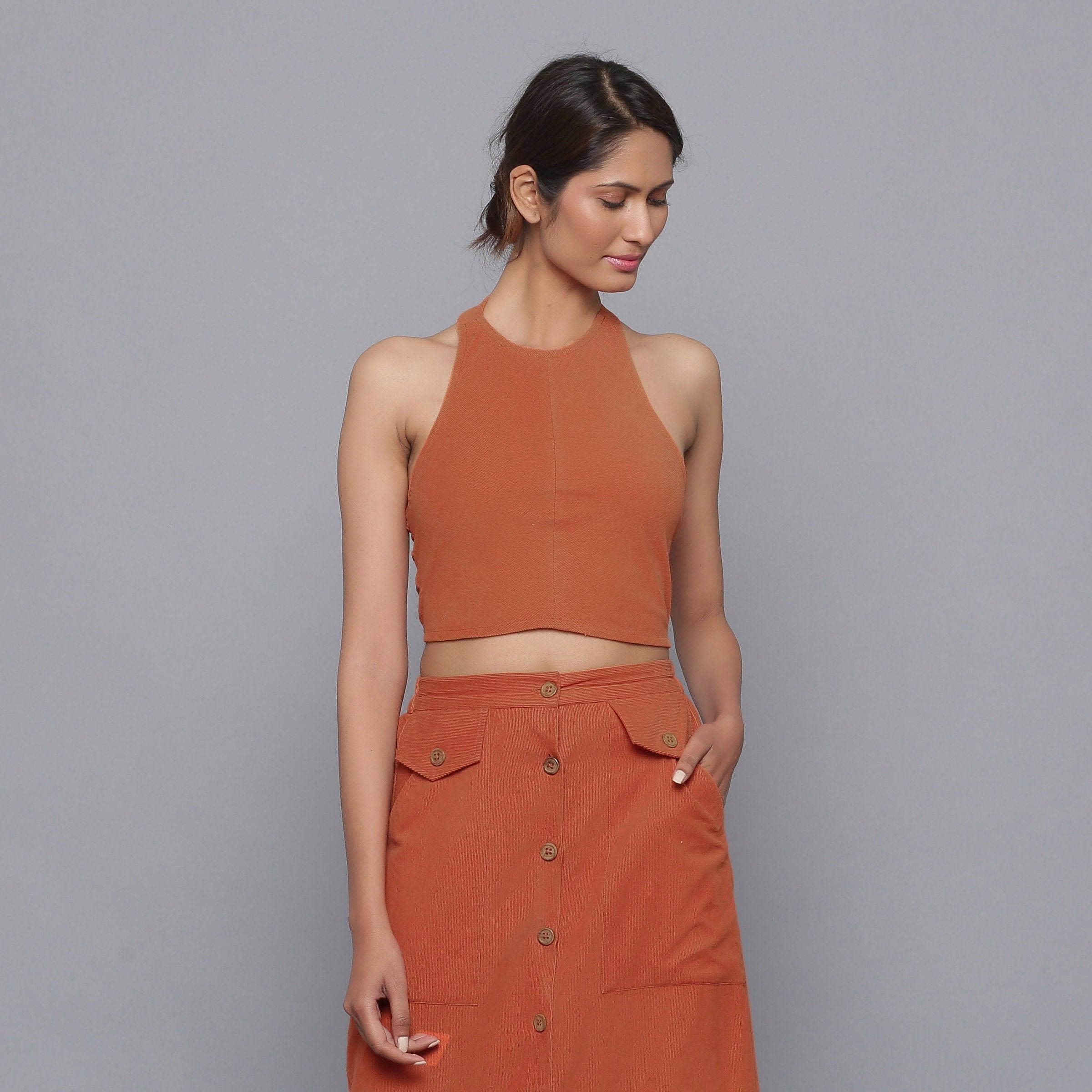 Sunset Rust 100% Cotton Corduroy Top, Halter Neck Top, Solid