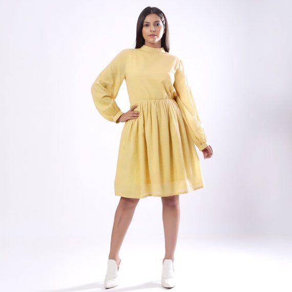Light Yellow Cotton Gathered Dress, Backless Short Dress, High Neck Dress With Pockets, Customizable Dress, Plus Size, Petite, Tall Etsw - Etsy Light Yellow Cotton Gathered Dress, Backless Short Dress, High Neck Dress With Pockets, Customizable Dress, Plus Size, Petite, Tall Etsw - Etsy
