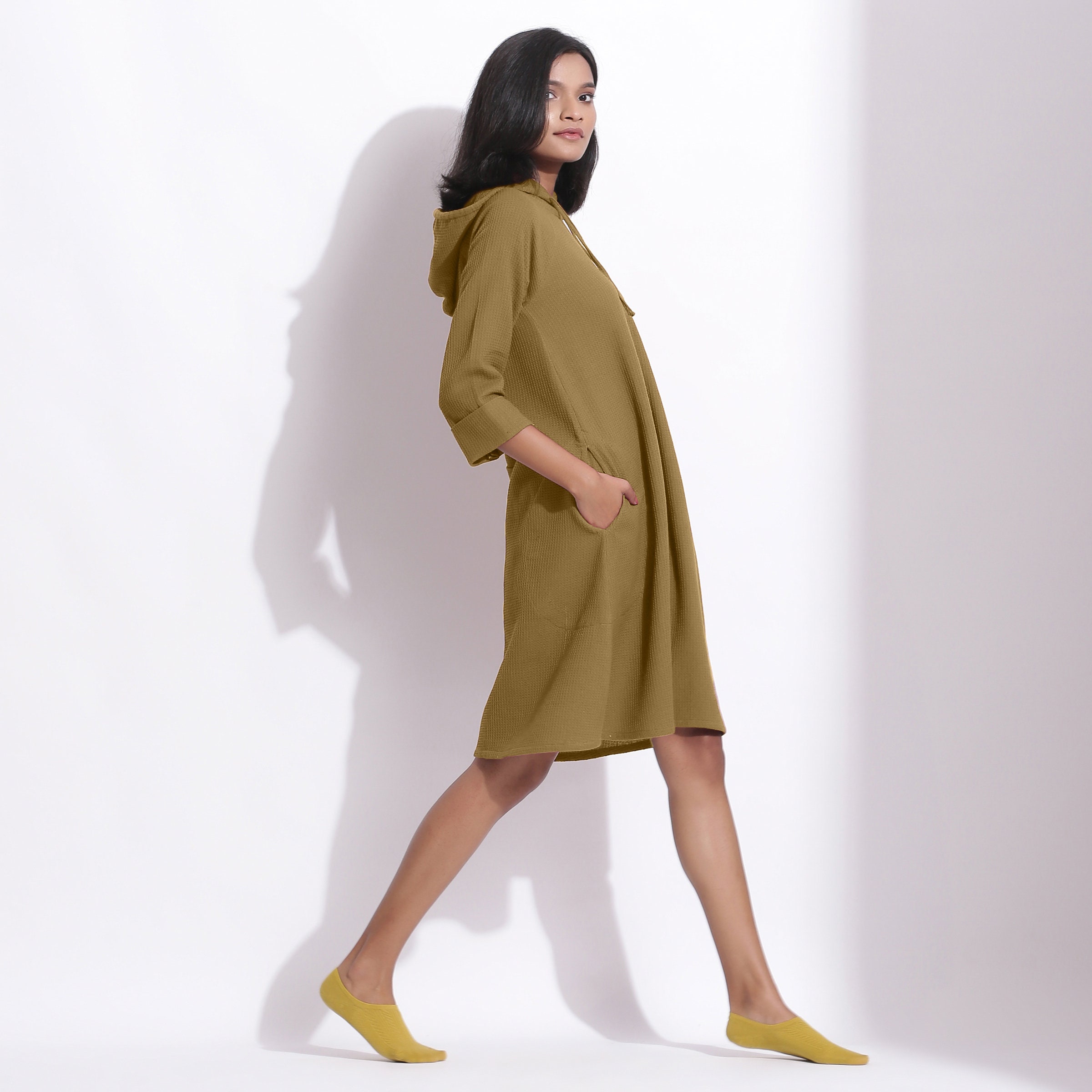 Olive Green 100% Cotton Hoodie Dress, Customizable Dress for Women, A-Line Midi Dress with Pockets